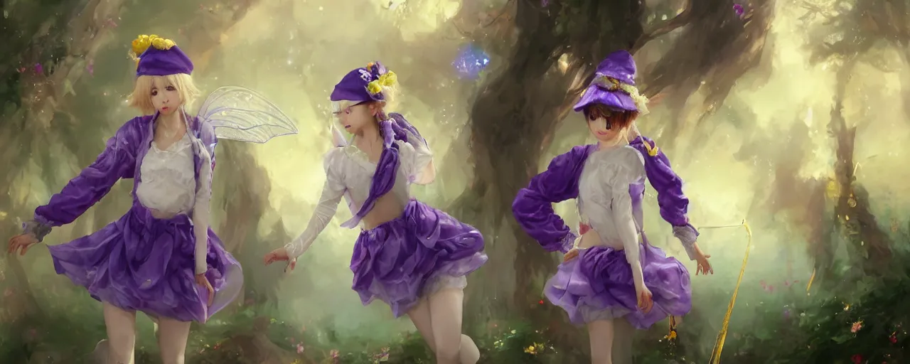 Image similar to Full View of a mysterious kpop fairy maidens with short blond hair wearing an oversized purple Beret, Baggy Purple overall shorts, Short Puffy pants made of silk, silk shoes, a big billowy scarf, Golden Ribbons, white leggings Covered in stars. Short Hair. peasant magic. masterpiece 4k digital illustration by Ruan Jia and Mandy Jurgens and Artgerm and william-adolphe bouguereau, award winning, Artstation, art nouveau aesthetic, Alphonse Mucha background, intricate details, realistic, panoramic view, Hyperdetailed, 8k resolution, intricate art nouveau, smooth, sharp focus