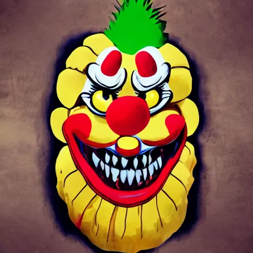 Image similar to A clown monster made of bananas jumping at the screen, loony toons style, pennywise style, horror theme, detailed, elegant, intricate