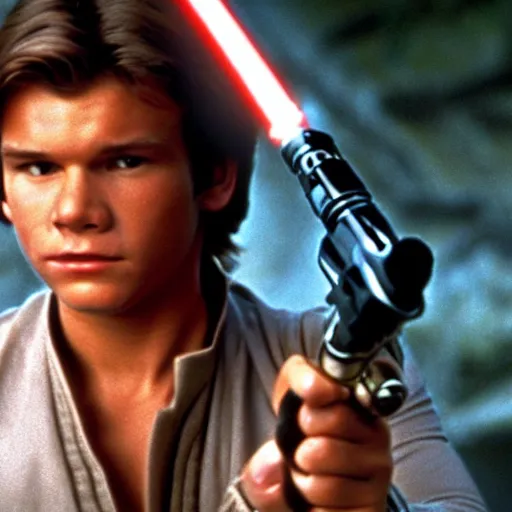 Image similar to A full color still from a film of a teenage Han Solo as a Jedi padawan holding a lightsaber hilt, from The Phantom Menace, directed by Steven Spielberg, 35mm 1990