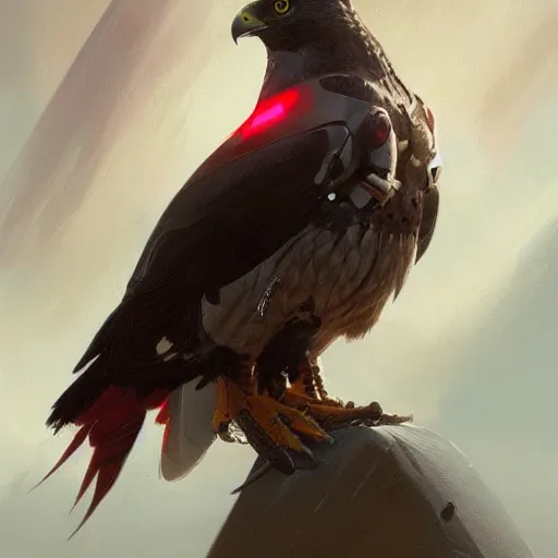 Prompt: self portrait of a futuristic falcon with red, white and black body armor, digital art, realistic, ultradetailed, concept art, art by greg rutkowski and thomas kinkade, trending on artstation, devianart, cgsociety