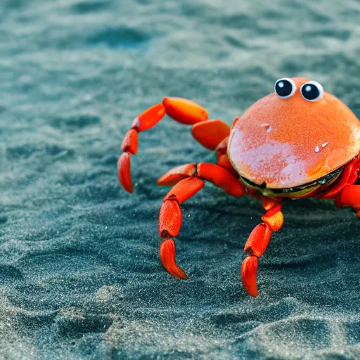 Image similar to homer simpson as a crab crawling on a beach, macro photo, 4 k