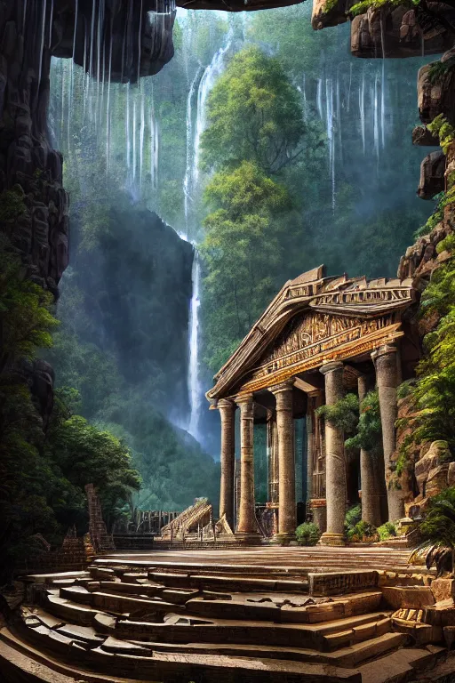 Image similar to An amazing interior of the temple of the gods of nature, intricate details, vast open interior, amazing and tall waterfalls, dramatic lighting, digital art, trending on Artstation, dark, hyper-realistic, detailed