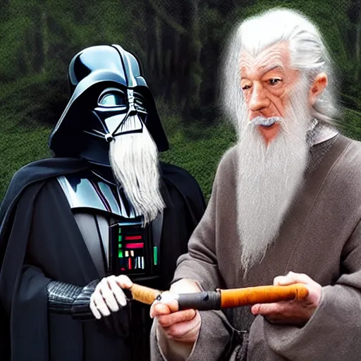 Image similar to gandalf and darth vader smoking a pipe together,