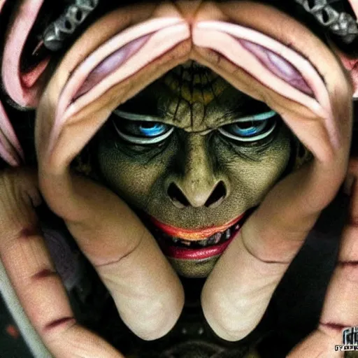 Image similar to scary female ah puch, worm's eye view photo