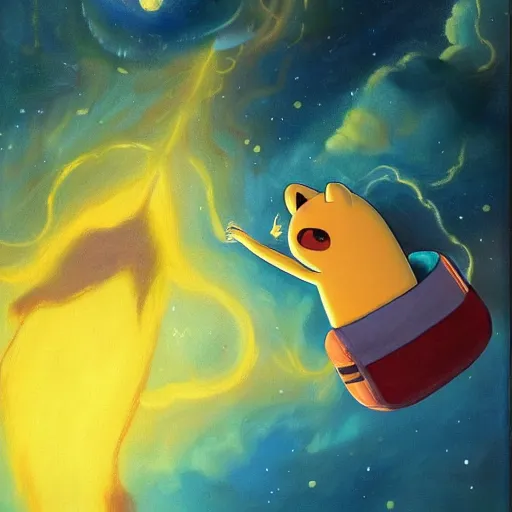 Prompt: jake the dog from adventure time floating in space, romantic oil painting, dark, melanchonic, adventure time