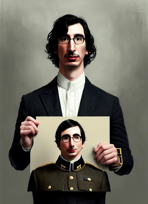 Image similar to a portrait of john oliver holding a portrait of adam driver, military uniform, fantasy, intricate, elegant, beautiful, highly detailed, charcoal, centered, dark, smokey, digital painting, artstation, concept art, smooth, sharp focus, illustration, art by artgerm and greg rutkowski and alphonse mucha