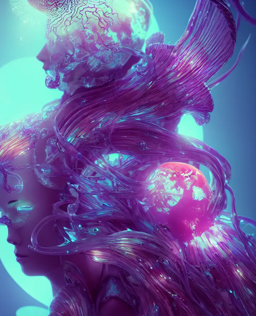 Image similar to goddess close-up portrait. orchid jellyfish phoenix head, nautilus, skull, betta fish, bioluminiscent creatures, intricate artwork by Tooth Wu and wlop and beeple. octane render, trending on artstation, greg rutkowski very coherent symmetrical artwork. cinematic, hyper realism, high detail, octane render, 8k