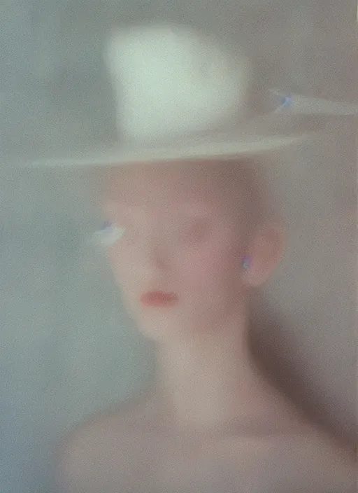 Prompt: out of focus photorealistic portrait of a beautiful pale young woman by sarah moon, very blurry, translucent white skin, closed eyes, foggy, closeup, with a weird hat