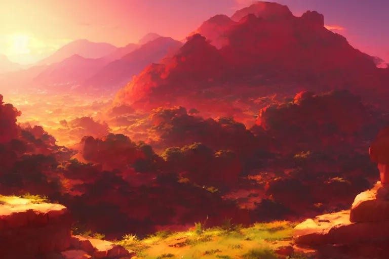 Image similar to red lush mountainscape, with two suns in the sky, two sunsets, by makoto shinkai an krenz cushart