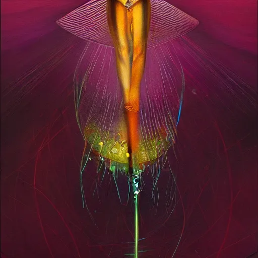 Image similar to beautiful painting of a hyperglitch diode diatom in the style of Francis Bacon, Karol Bak, Daturahex and Jesse Kanda. Dark background, detailed, trending on Artstation