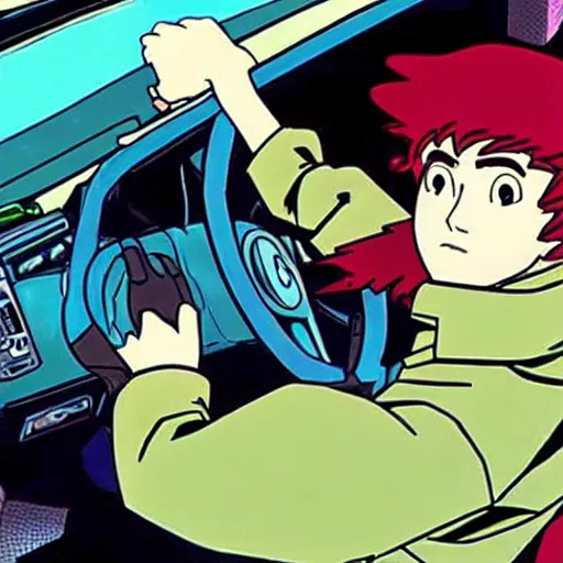 Image similar to scooby doo holding the steering wheel driving inside a nissan pulsar through windy roads in the hills, anime style akira initial d