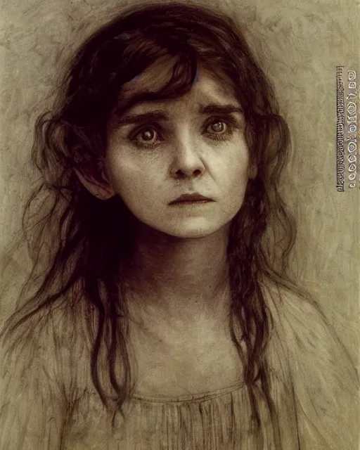 Image similar to a beautiful but sinister girl who looks like a young shirley henderson in layers of fear, with haunted eyes and crazy hair, 1 9 7 0 s, seventies, delicate embellishments, a little blood, crimson, painterly, offset printing technique, by jules bastien - lepage