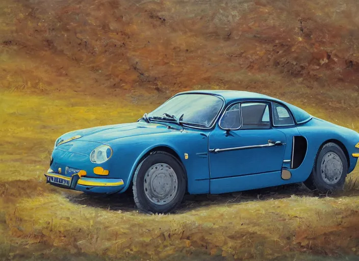 Image similar to an oil painting of a yellow alpine A110