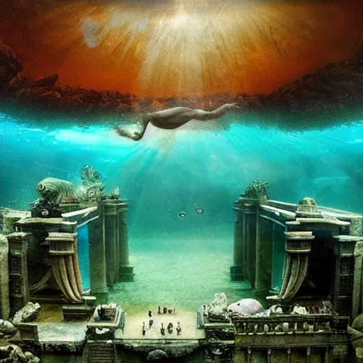 Image similar to Roman empire underwater, Atlantis, spectacular quality, surrealism photography masterpiece, perfect composition