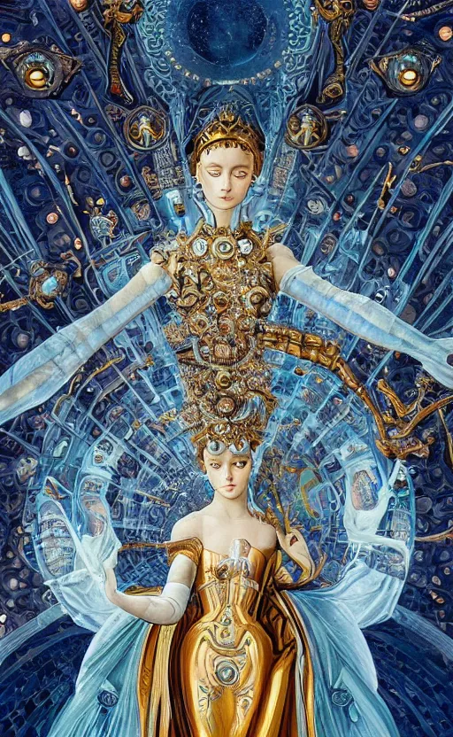 Prompt: beautiful mural of the young cyborg empress, piercing glowing eyes, elegant, futuristic royal gown, detailed ornaments, striking composition, highly detailed ornate sci fi background, vogue poses, striking composition, highly detailed ornate sci fi background, vivid details, amalgamation of nature and technology, wires, glowing tubes, beautiful composition, mural in the style of sandro botticelli, caravaggio, albrecth durer, 8k