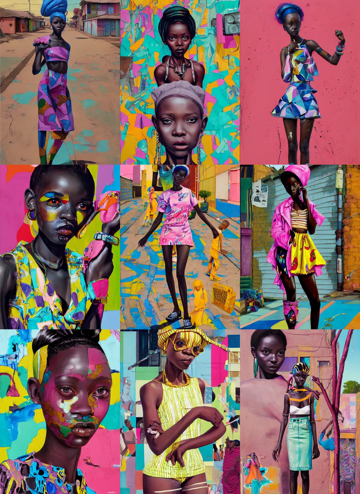 Prompt: still from music video of a cute african girl from die antwoord standing in a township street, street fashion clothing,! haute couture!, full figure painting by martine johanna, njideka akunyili crosby, rossdraws, pastel color palette, 2 4 mm lens