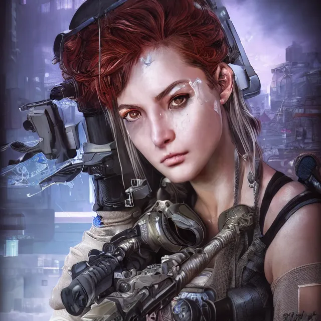 Image similar to the portrait of lawful neutral female cyberpunk marine sniper as absurdly beautiful, gorgeous, elegant, young gravure idol, an ultrafine hyperdetailed illustration by kim jung gi, irakli nadar, intricate linework, bright colors, octopath traveler, final fantasy, unreal engine 5 highly rendered, global illumination, radiant light, detailed and intricate environment