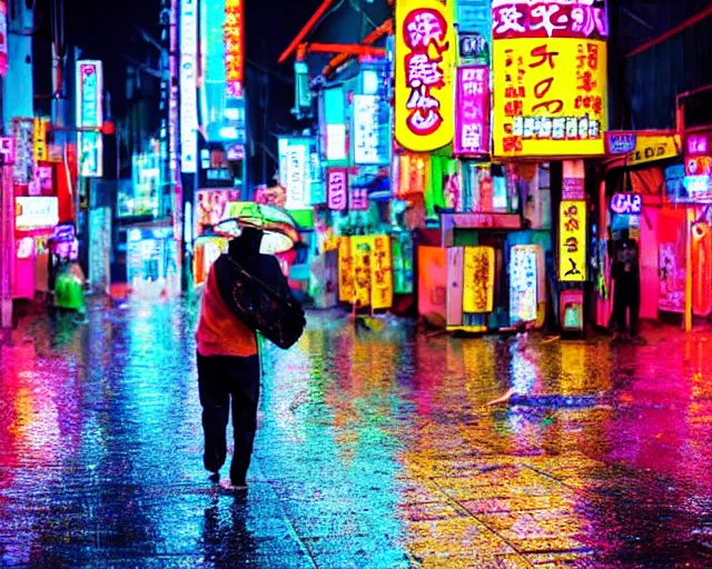 Prompt: some chad bro drunk lost and wandering the colorful neon streets of japan in the rain after a long night at the robot restaurant