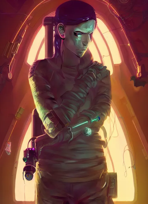 Prompt: highly detailed portrait of a cyberpunk sci - fi hacker, stephen bliss, unreal engine, greg rutkowski, loish, rhads, beeple, makoto shinkai and lois van baarle, ilya kuvshinov, rossdraws, tom bagshaw, alphonse mucha, global illumination, detailed and intricate environment