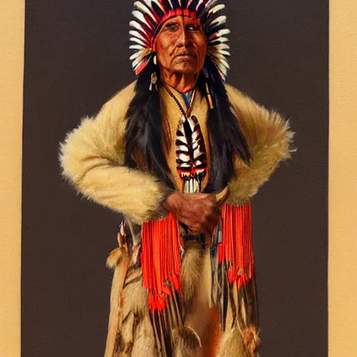 Prompt: a painting of a native american chief, in traditional dress, by atrgerm