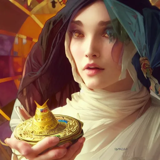 Image similar to a fortune teller holding a wrapped birthday gift with a confused look on their face, art by artgerm and greg rutkowski and alphonse mucha, concept art, octane render, unreal engine 5, highly detailed, high quality, 8 k, soft lighting, realistic face, path traced