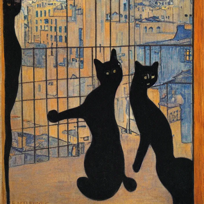 Image similar to city seen from a window frame. fuzzy black cat. henri de toulouse - lautrec, utamaro, matisse, felix vallotton, monet