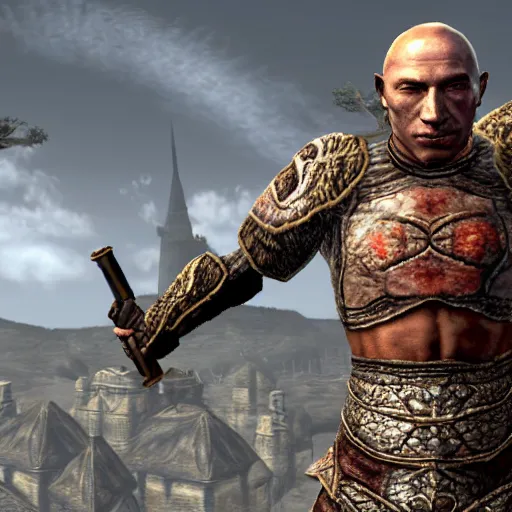 Image similar to attacking screenshot of george st. pierre in morrowind, imperial armor, pc graphics, npc talking, wilderness, 7 2 0 p, elder scrolls iii, detailed, dialog text