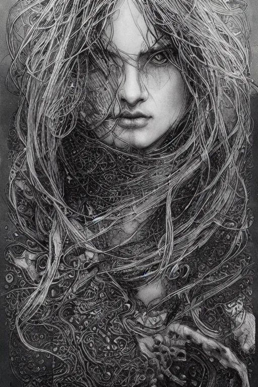 Image similar to Portrait of Ranni from Elden Ring, pen and ink, intricate line drawings, by Yoshitaka Amano, Ruan Jia, Kentaro Miura, Artgerm