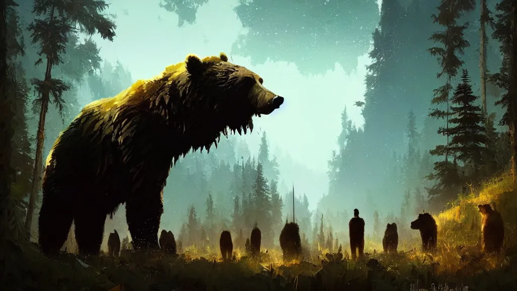 Prompt: picture of a savage bipedal grizzly bear monster looking down at a group of poachers near a cave, art by ismail inceoglu and filip hodas. matte painting, tenebrism, vaporwave style, artistic render