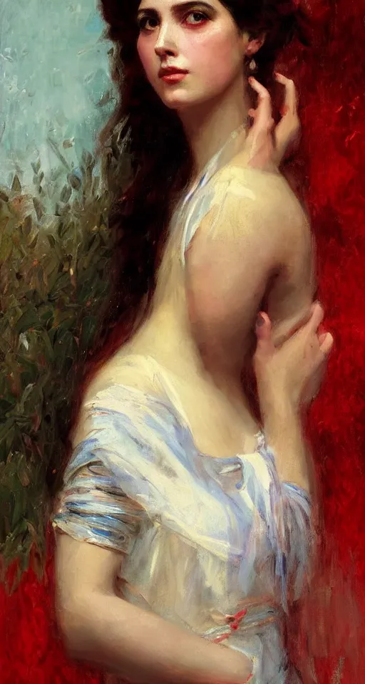 Image similar to solomon Joseph Solomon and Richard Schmid and Jeremy Lipking victorian genre painting portrait painting of a young beautiful woman greek Goddess in fantasy costume, red background