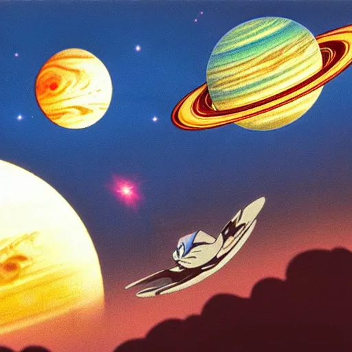 Image similar to a mouse with clockwork wings flying past Jupiter, Don Bluth