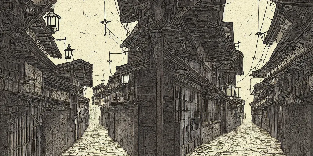 Prompt: Medieval Kyoto street at night, street level, cinematic lighting, 4k, trending on artstation, low key, intricate ink illustration, digital art, ultra detailed, art by albert bierstadt