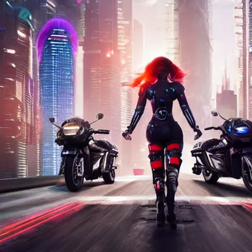 Image similar to scarlett johansson riding a futuristic motorbike in cyberpunk city, realistic, cinematic, hdr