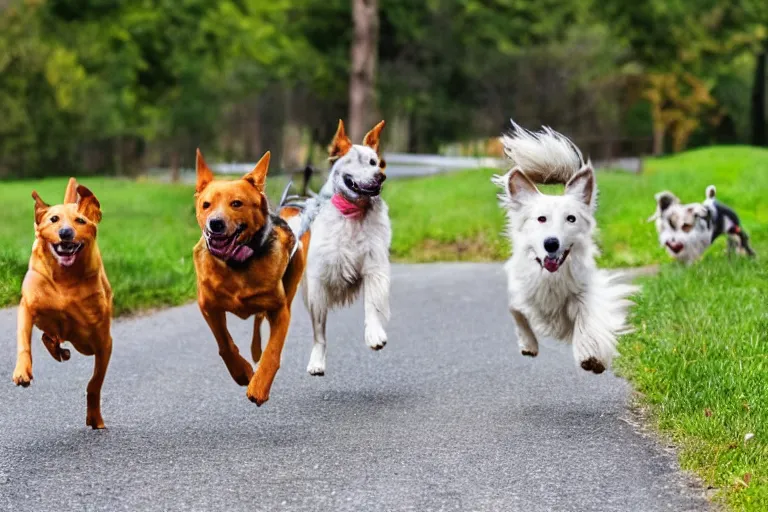 Image similar to dogs running towards a mailman off in the distance