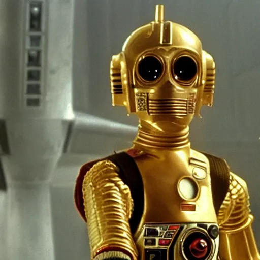 Image similar to A still of C3PO as Han Solo from Star Wars The Empire Strikes Back. Extremely detailed. Beautiful. 4K. Award winning.