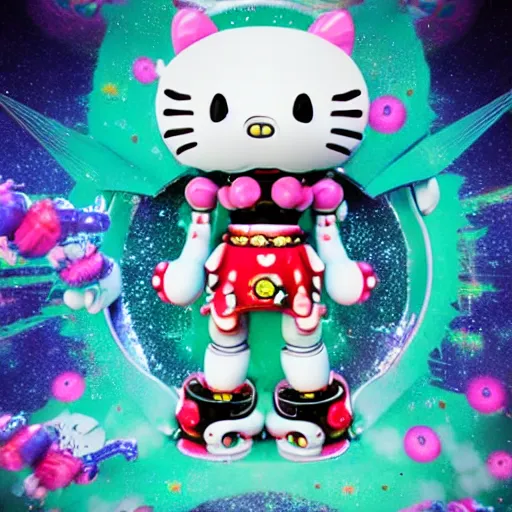 Image similar to a detailed 3 d render of a demonic japanese oni hellokitty mecha robot alien god wearing a raver outfit by lisa frank and cicely mary barker, taiyo matsumoto, myst, beeple, cgsociety, crisp, low angle shot