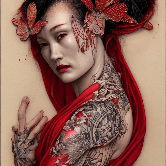 Image similar to ultra realistic illustration, beautiful woman dressed in red kimono, backview, tattoos, in the style of gerald brom by weta digital and beth cavener, high face symmetry, intricate, masterpiece, award winning, high face symmetry, intricate