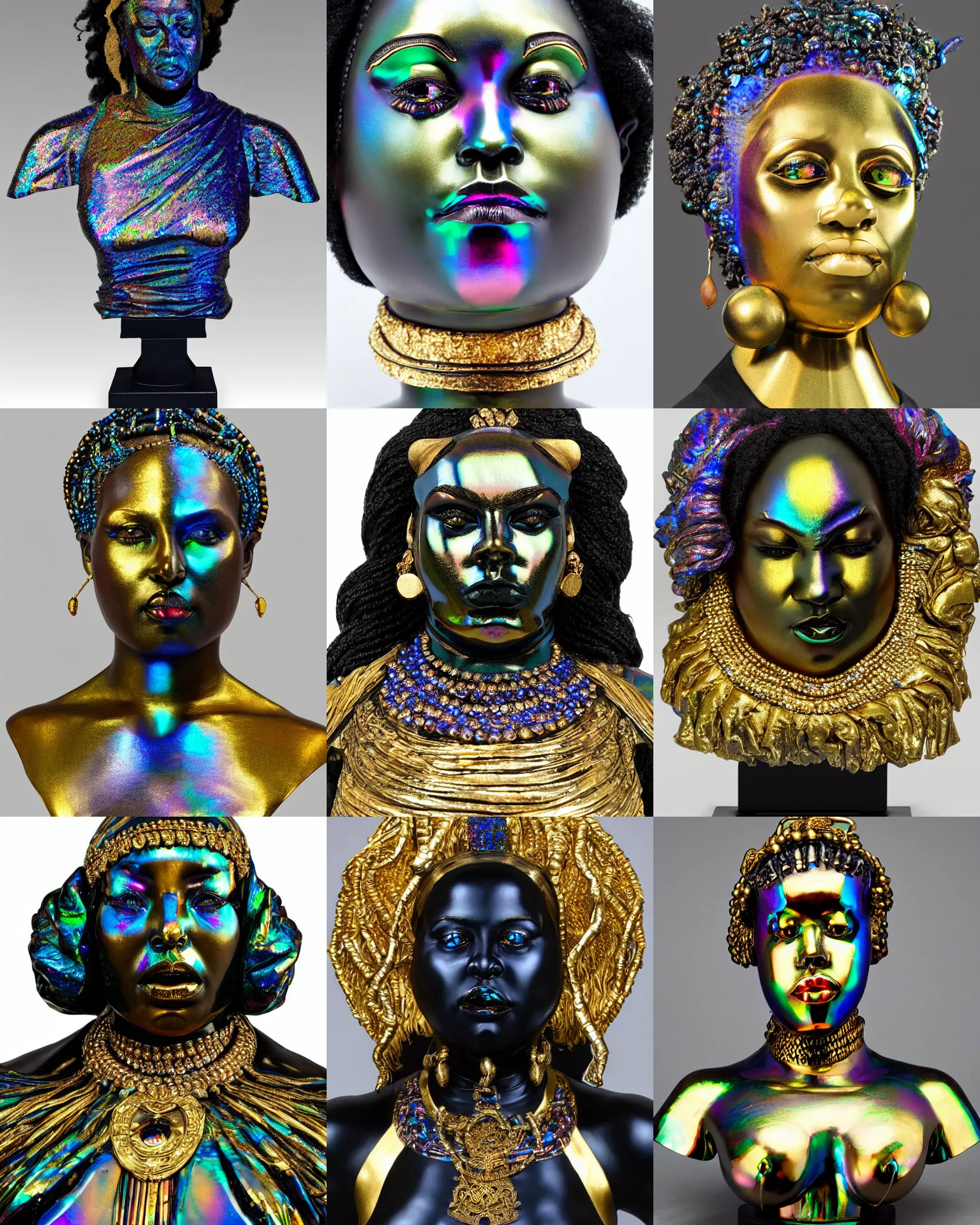 Prompt: intricate iridescent realistic bust sculpture of futuristic digital obese angry beautiful black girl empress, stone and glass and gold and lapislazuli