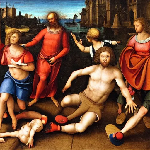 Prompt: highly detailed renaissance painting of a group of skateboarders, new york city