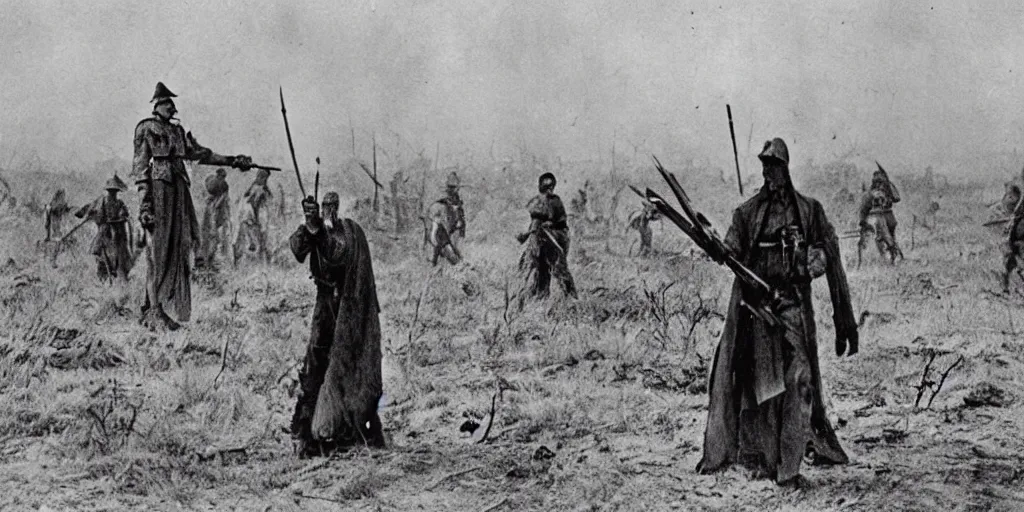 Image similar to scary unproportionable tall ghost creature in the middle of a battlefield, 1900s picture