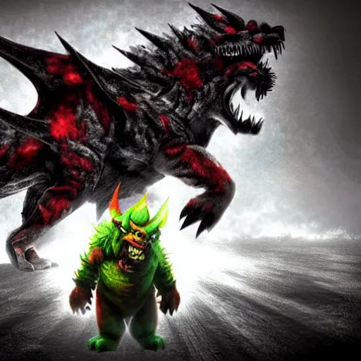 Prompt: demonic Bowser roaring into the sky, silent Hill, ruined kingdom, horror, super Mario, cryengine
