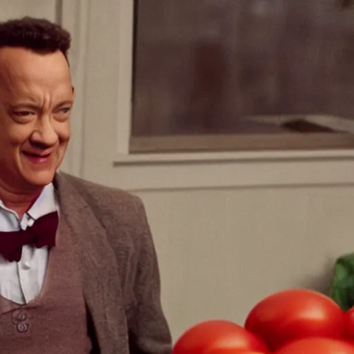 Prompt: still from a movie starring tom hanks as a tomato