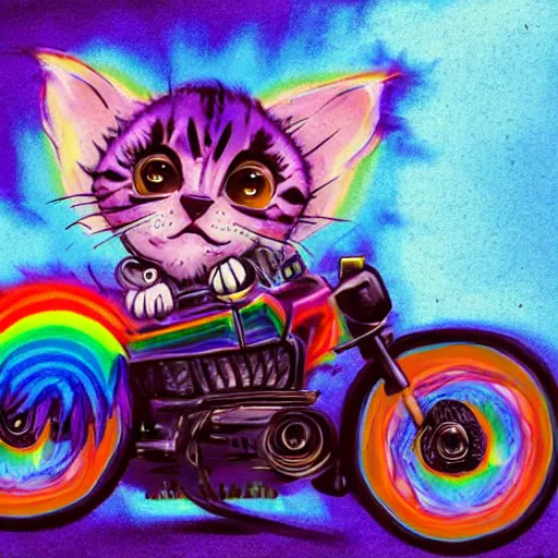 Image similar to wide angle full body, jacket wearing fluffy cute rainbow kitten wearing a black leather motorcycle jacket, riding on a motorcycle, cinematic concept art