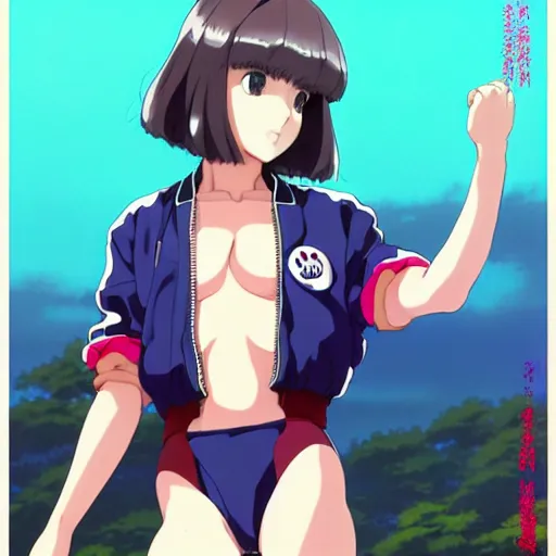 Image similar to a beautiful natalie portman as an anime boy gravure model, wearing oversized mayan bomber jacket and leotard with overalls, bulky poofy bomber jacket with mayan patterns, aztec street fashion, gapmoe yandere grimdark, trending on pixiv fanbox, painted by greg rutkowski makoto shinkai takashi takeuchi studio ghibli, akihiko yoshida