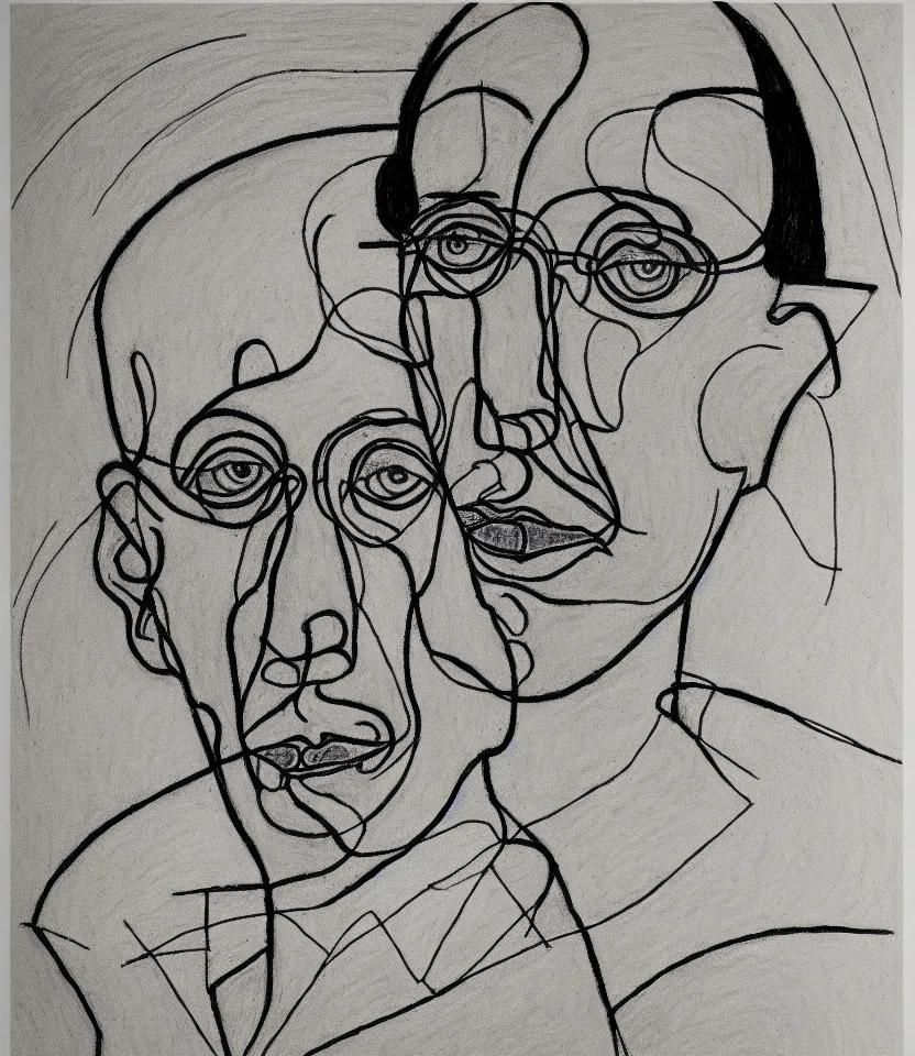 Prompt: elegant line art portrait of igor stravinsky. inspired by egon schiele. contour lines, musicality, twirls, curls and curves, strong personality, staring at the viewer