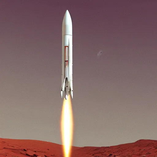 Prompt: a large white rocket lands on the surface of mars, retro futurism, high quality, high resolution