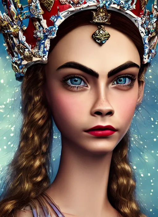 Image similar to closeup face profile portrait of a tin toy cara delevingne as a fairytale princess wearing a crown with tin bunnies, bikini, depth of field, zeiss lens, detailed, symmetrical, centered, fashion photoshoot, by nicoletta ceccoli, mark ryden, lostfish, breathtaking, 8 k resolution, extremely detailed, beautiful, establishing shot, artistic, hyperrealistic, octane render