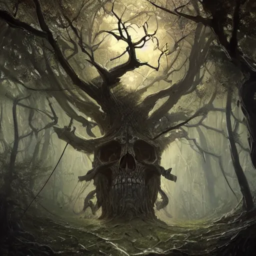 Prompt: a tree in the shape of a skull, by greg rutkowski, trending on art station, highly detailed, magic the gathering, matte painting