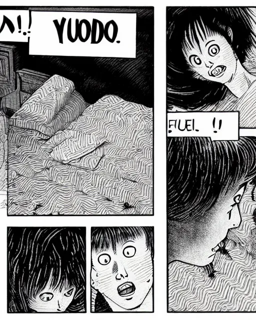 Prompt: three panels of junji ito's 'there's a cat under the bed!', full width, action shot, first person, manga