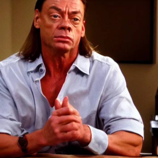 Prompt: Jean Claude Vandamme as Pam on the office show, cinematic still, high quality,